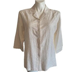 VTG Chico's Design Silk Embroidered Ivory Button Up 3 Covered Placket Minimalist